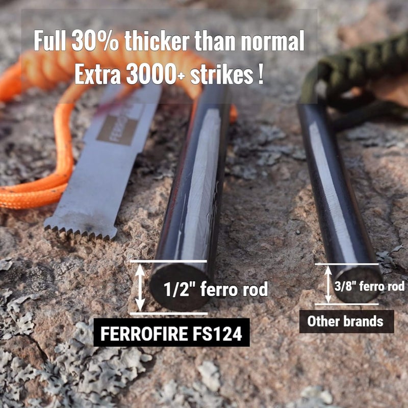 FERROFIRE FS124 مشعل نار ثقيل - قضيب فيروسيوم بسماكة 1/2 بوصة وطول 4 بوصات مع ضارب من فولاذ الكربون السبيكي ومقبض بارا كورد 550 للبقاء على قيد الحياة، التخييم، مجموعات الطوارئ - Image 2